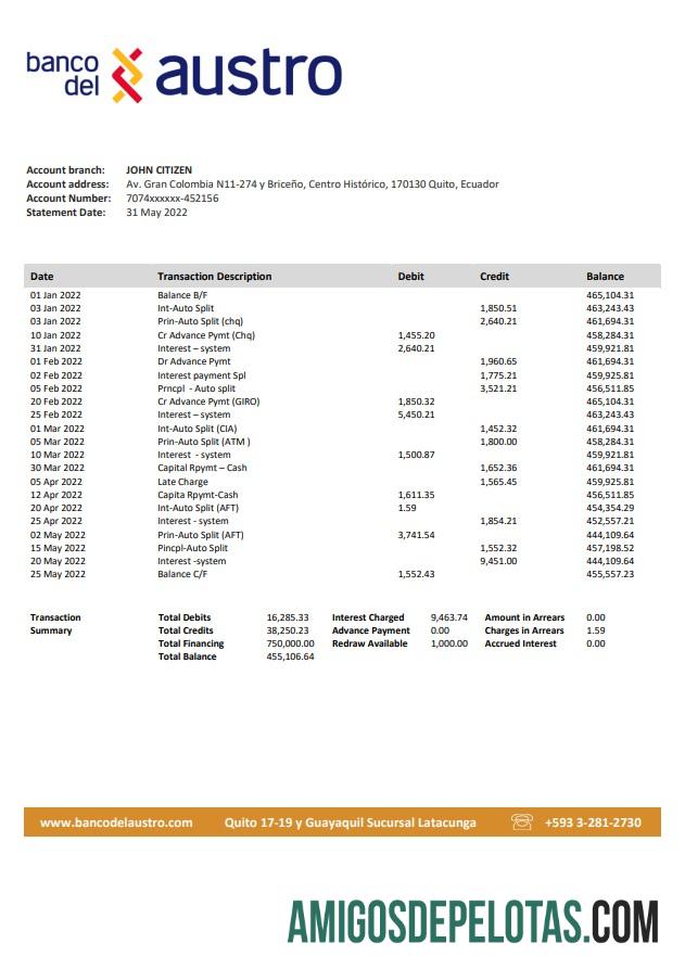 Ecuador Banco Del Austro Bank Statement examplo